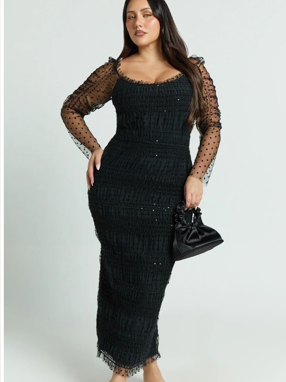 SHOWPO Black Sheer Sleeve Midi Dress - Elegant Evening Dress
